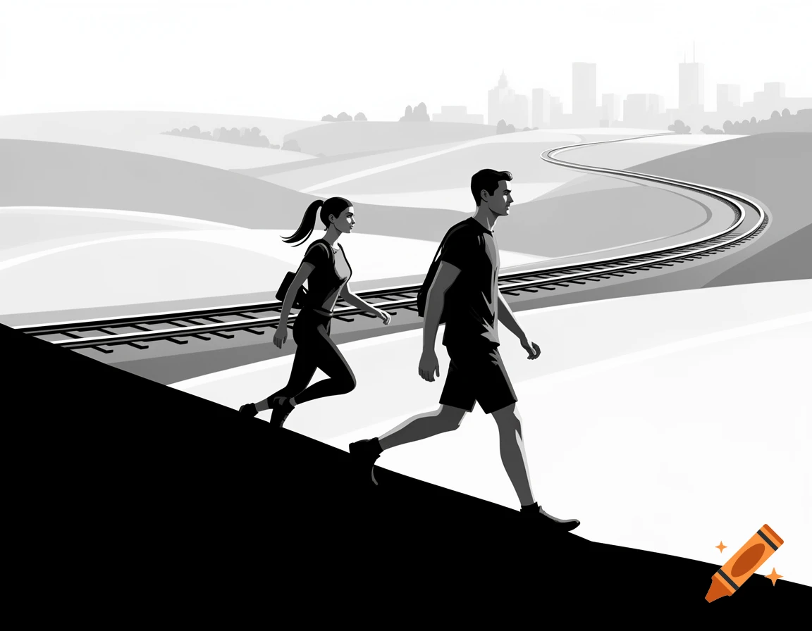 A man and a woman walk down a hill with a train track behind them, a city skyline in the distance, in a black and white minimalist illustration.