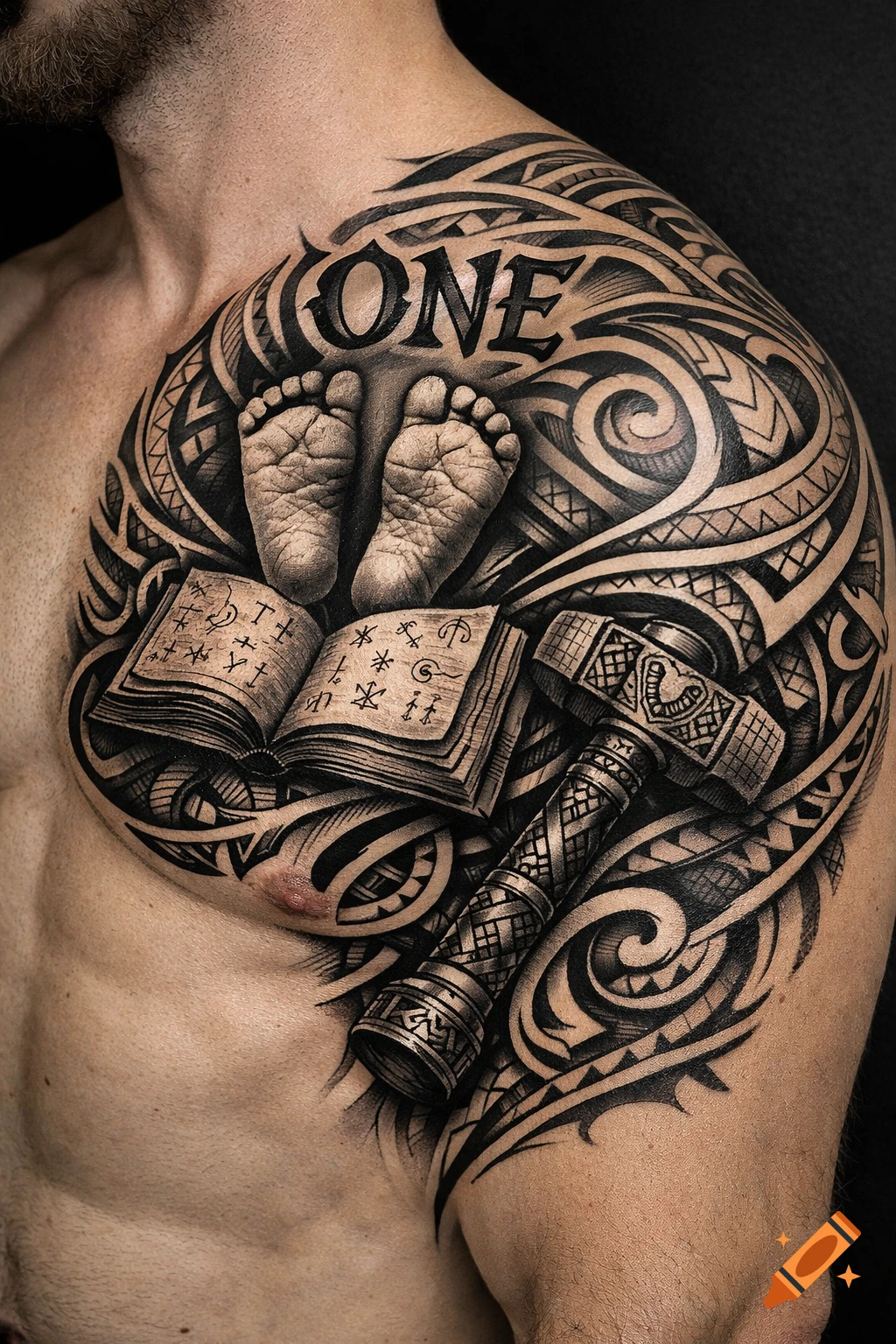 Close-up of a tribal/Maori style chest and shoulder tattoo featuring 'ONE' text, baby feet, an open book, and a hammer on a man's torso.