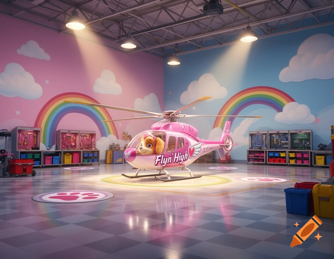 A pink cartoon helicopter with a dog pilot inside, named "Flyn High", is parked in a colorful hangar with rainbows and tools.