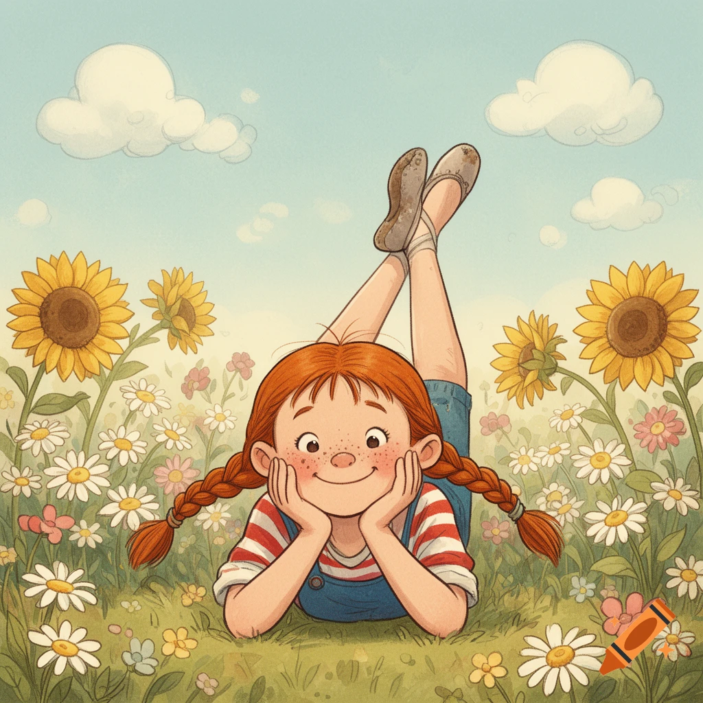 A smiling girl with red pigtails lies on her stomach in a field of ...