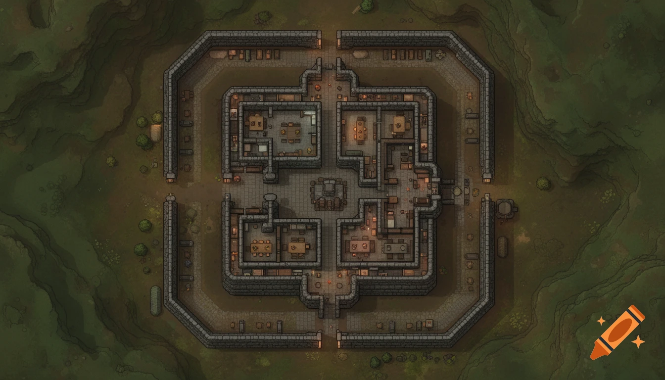 Top-down view of an intricate castle or fortress layout with stone walls and internal rooms, set on green terrain, in a stylized game map art style.