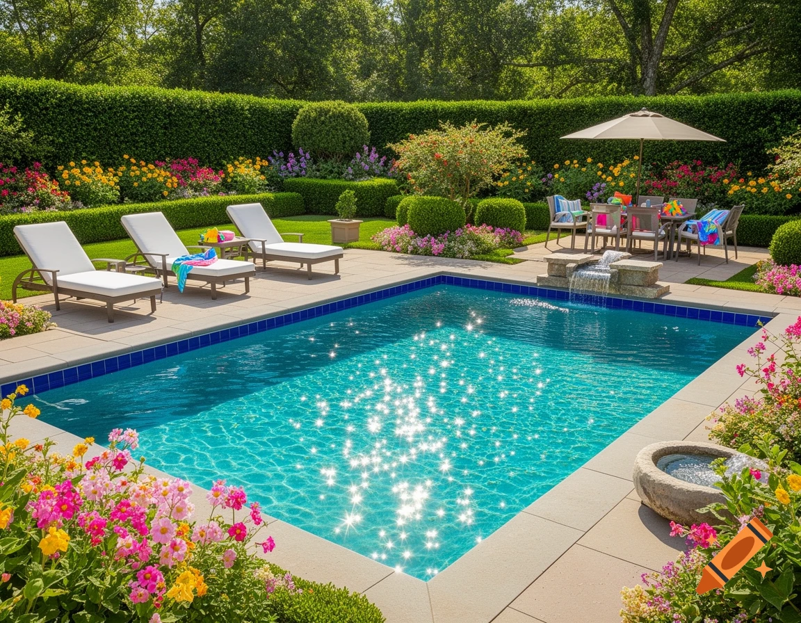 A lush backyard features a sparkling blue swimming pool, lounge chairs, a dining area with an umbrella, and vibrant flower beds.