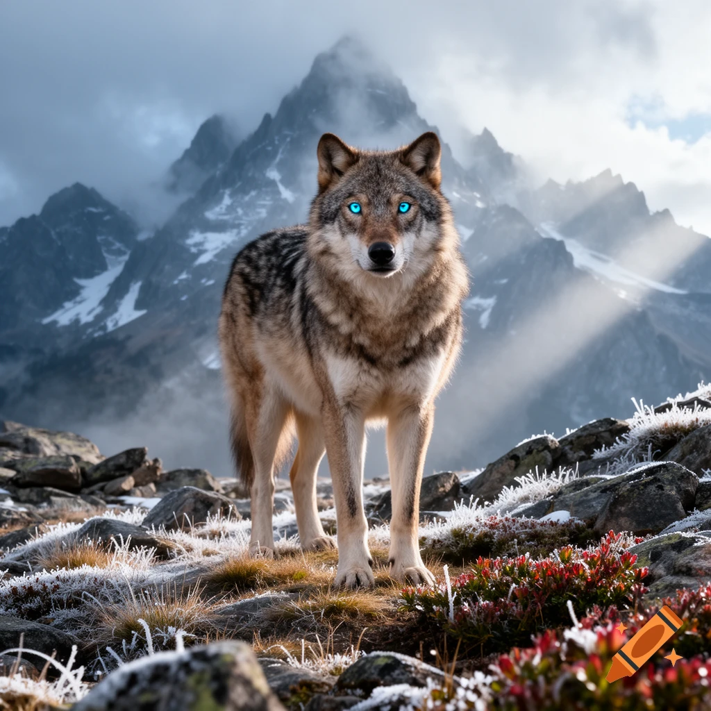 A photorealistic wolf with glowing blue eyes stands on a frosted mountain path against foggy peaks and sun rays.