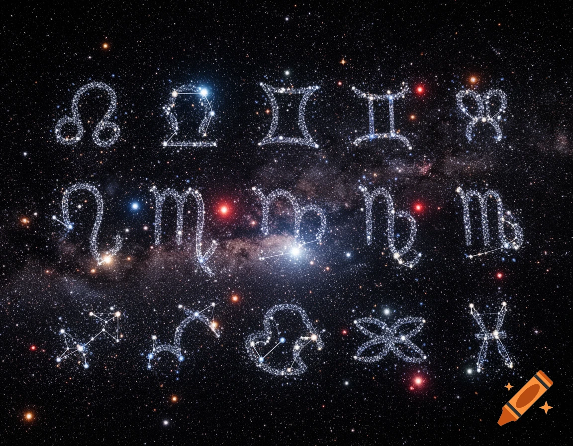 Twelve glittering zodiac constellations formed by stars against a dark, star-filled cosmic background with nebulae.
