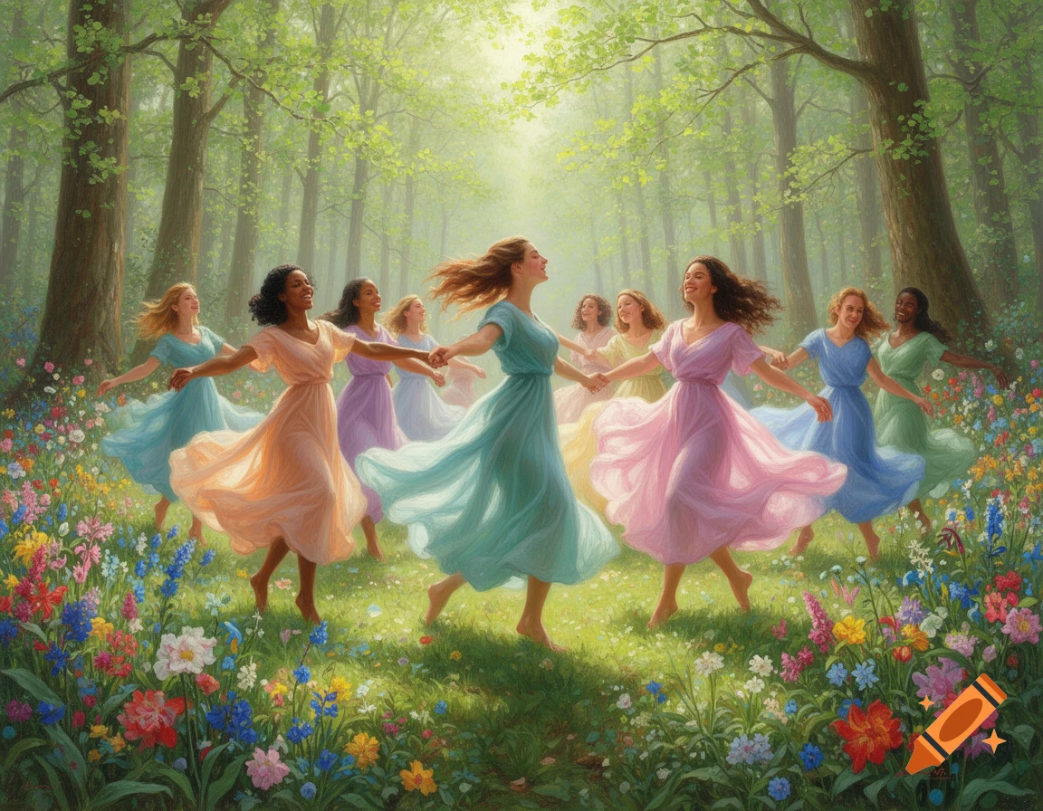 Multiple women in colorful dresses dance joyfully in a sunny forest meadow filled with wildflowers.