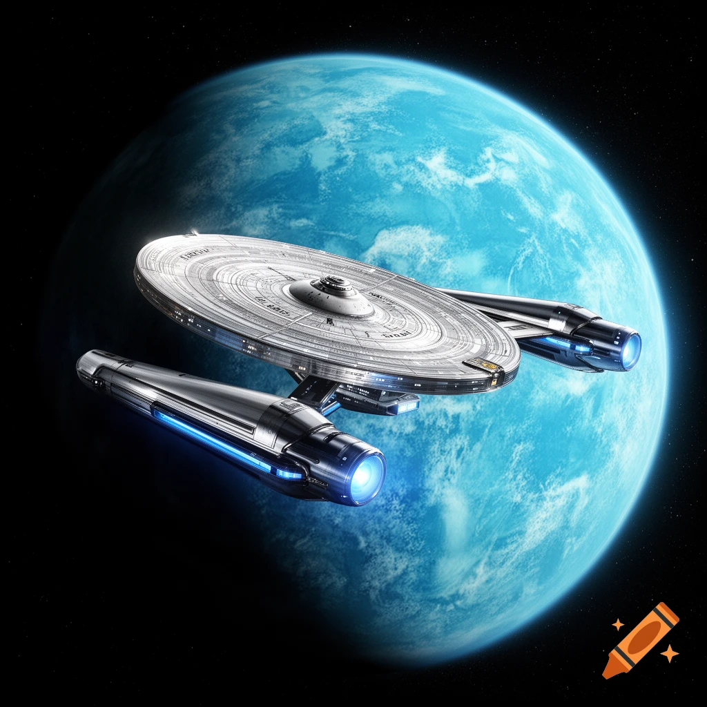 A detailed Starship Enterprise-like vessel with glowing nacelles orbits a blue planet in dark space.