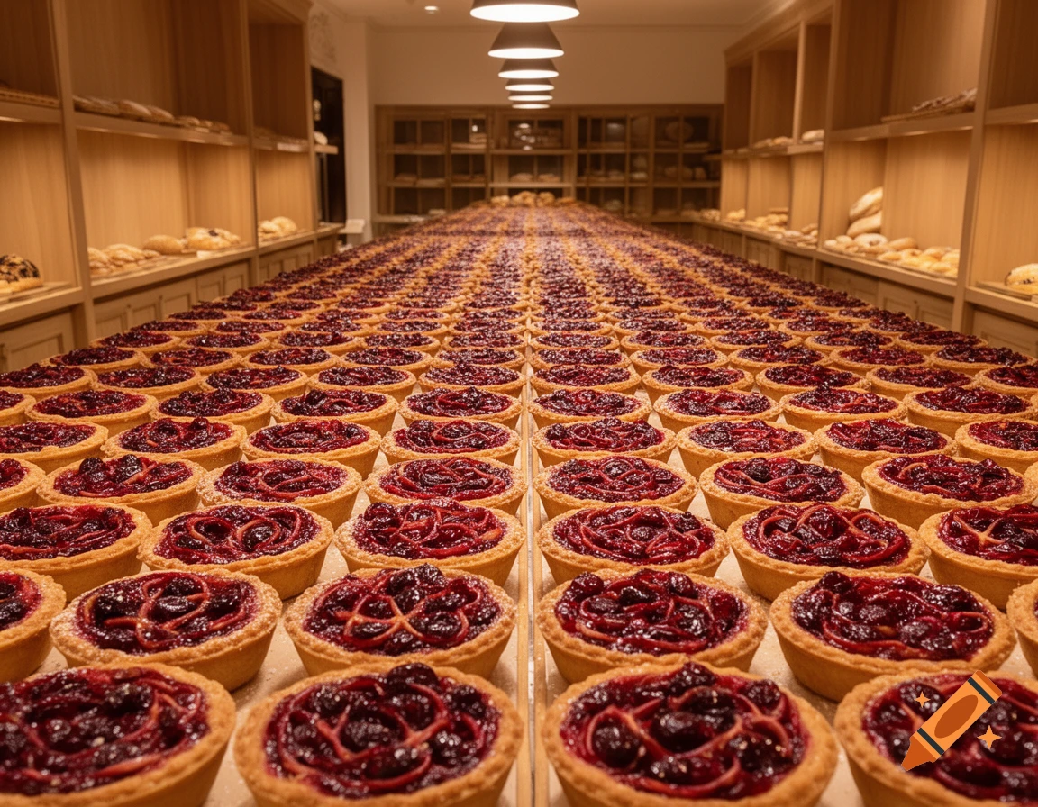 Hundreds of cranberry tarts are arranged in long rows, receding into the background of a well-lit bakery.