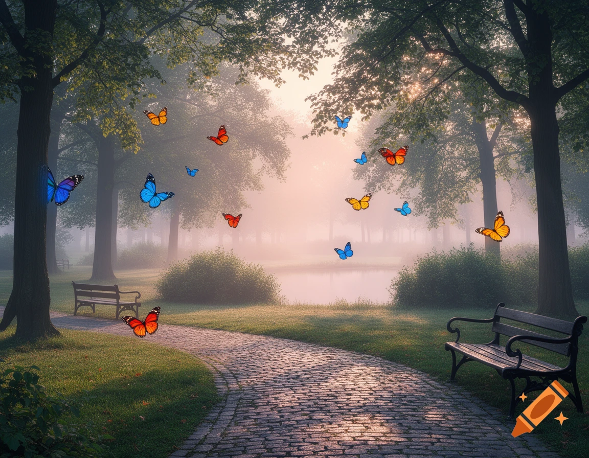 A misty park scene with a cobblestone path, benches, a pond, and numerous colorful butterflies flying among sunlit trees.