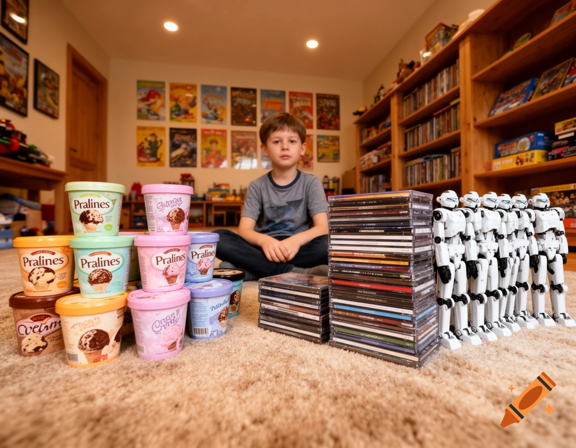 A boy sits cross-legged on a shag carpet, surrounded by stacks of CDs, a line of white robot-like soldiers, and many tubs of ice cream, in a room with bookshelves and posters.