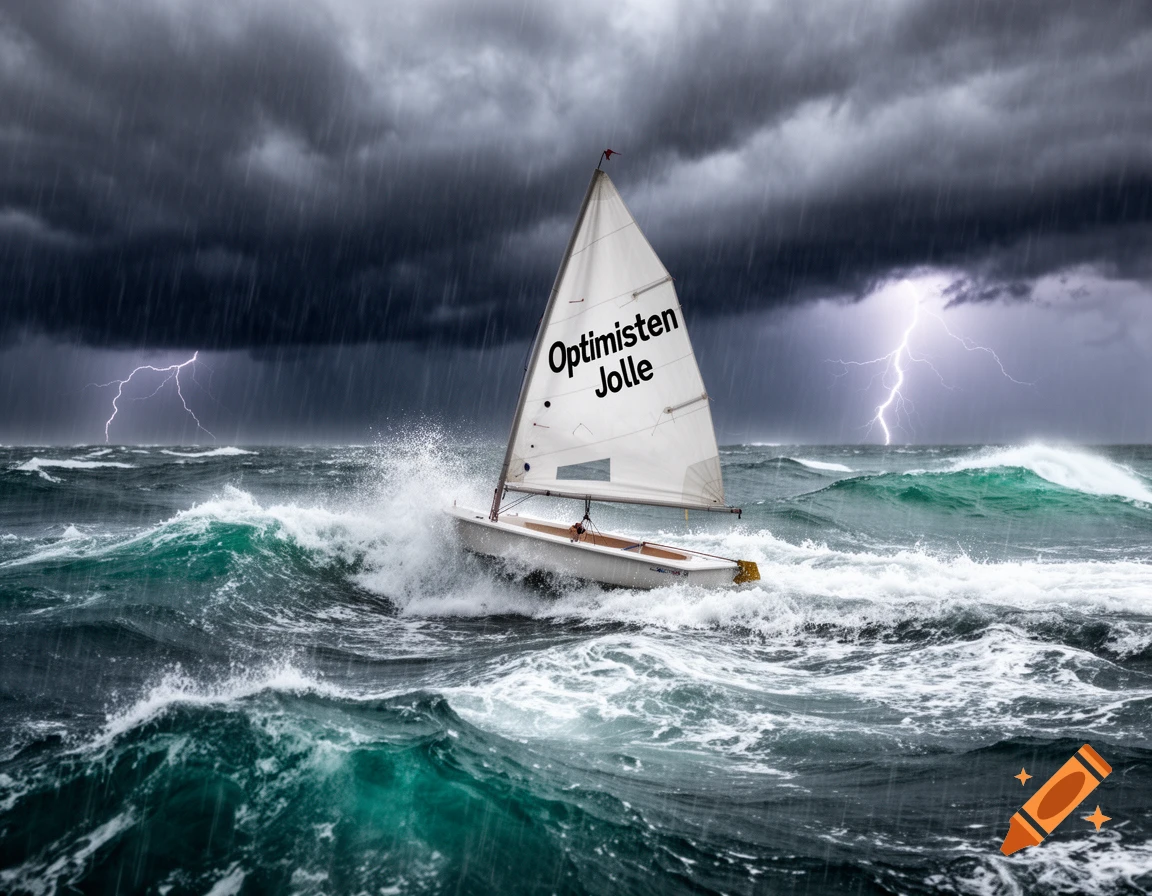A small sailboat, 'Optimisten Jolle', battles large waves in a stormy ocean with heavy rain and lightning, photorealistic.