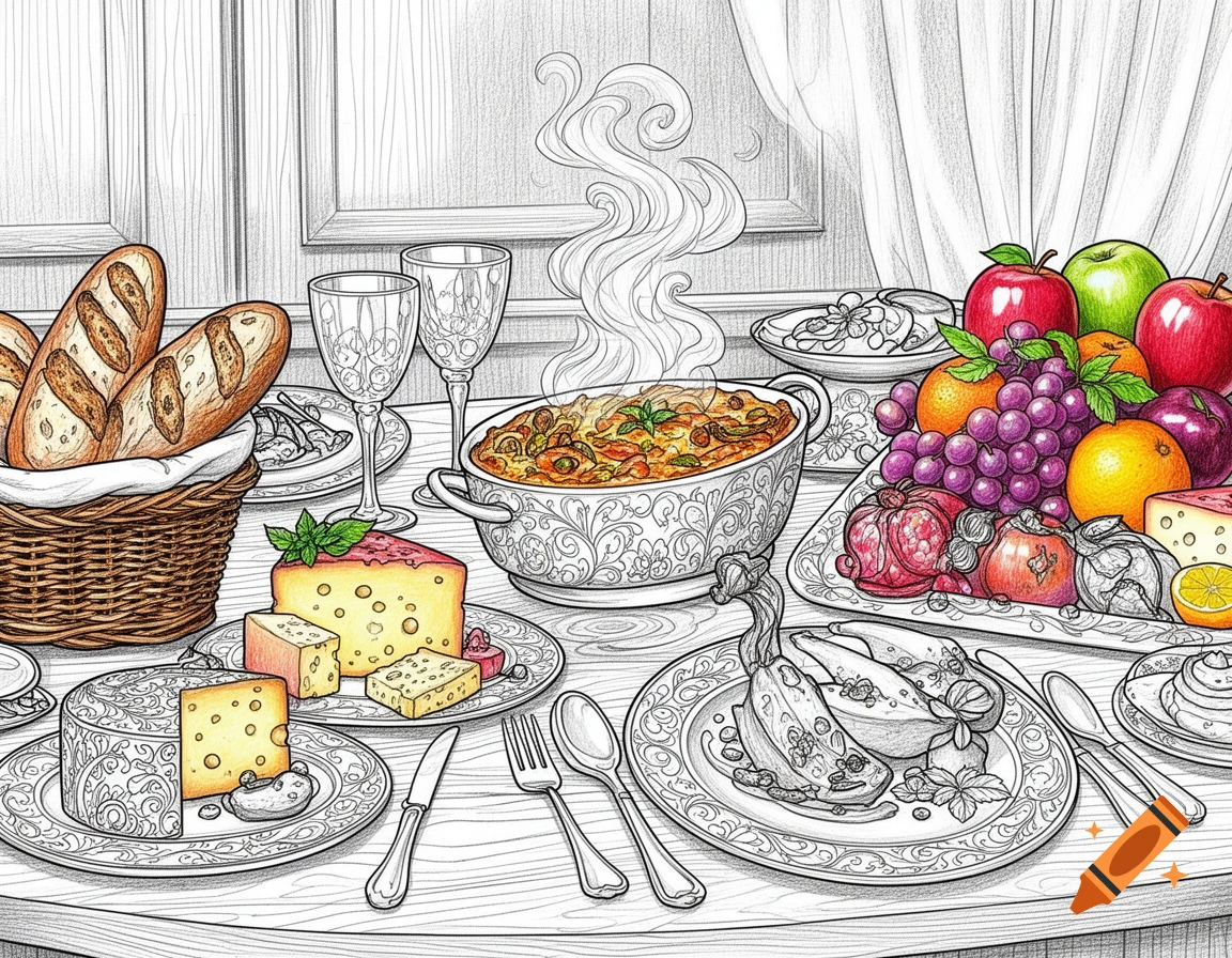 Detailed black and white coloring page of a lavish table spread with bread, cheese, fruits, a steaming dish, and poultry, partially colored.