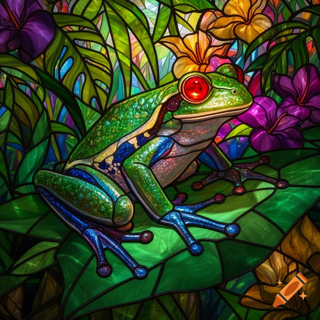 A vibrant green and blue stained glass frog with bright red eyes sits on a large green leaf, surrounded by colorful stained glass tropical flowers and foliage.