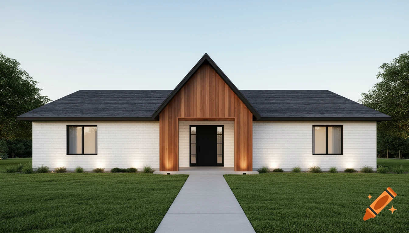 Photorealistic rendering of a modern single-story white brick ranch home with a wood-sided gable, black door, and green lawn.
