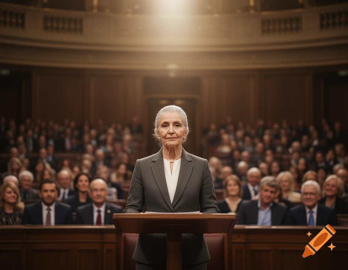 Elderly female politician with a strict bun speaking at a podium in a brightly lit, crowded assembly hall.