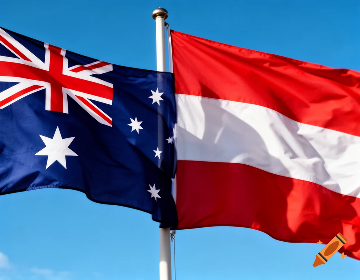 The flags of Australia and Austria flying side-by-side against a blue sky, appearing photorealistic.