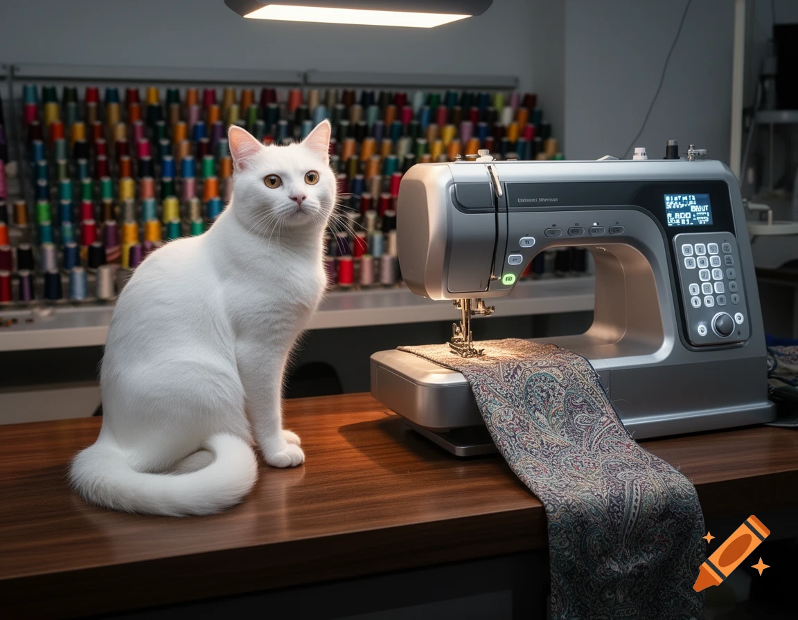 A white cat sits beside a silver sewing machine with a paisley fabric and colorful thread spools in the background.