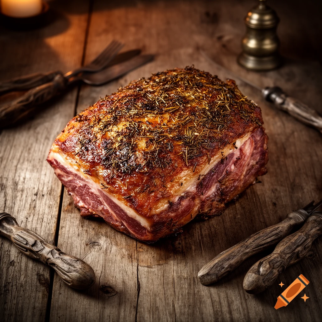 A seasoned, roasted cut of meat sits on a rustic wooden table surrounded by antique utensils and a glowing candle.