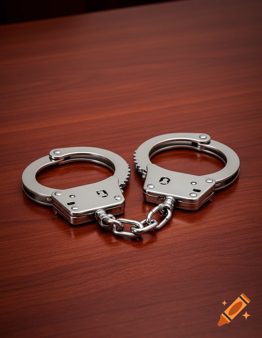 A shiny pair of silver handcuffs lying on a dark wooden table.