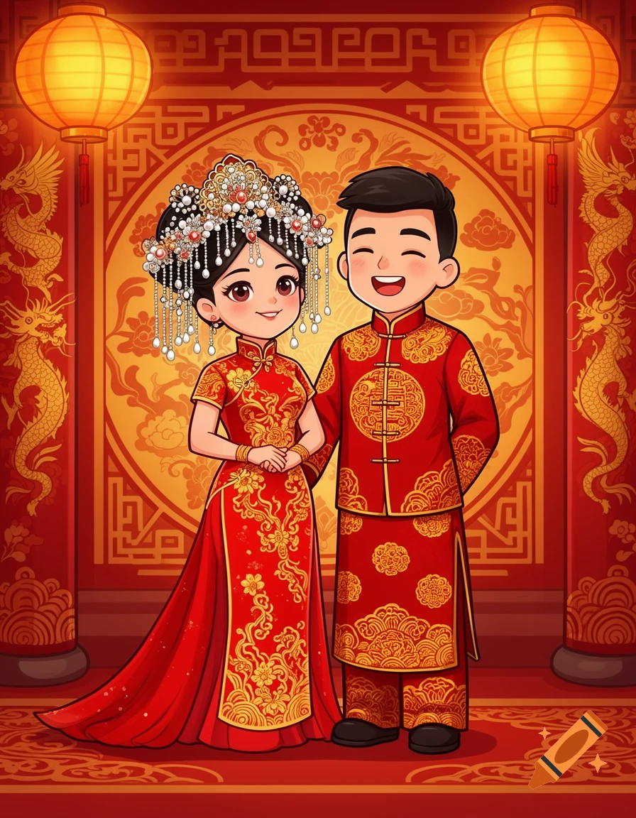 A cartoon Chinese couple smiles, dressed in red and gold traditional wedding outfits with elaborate headwear, standing in front of a decorative gold and red background with lanterns.