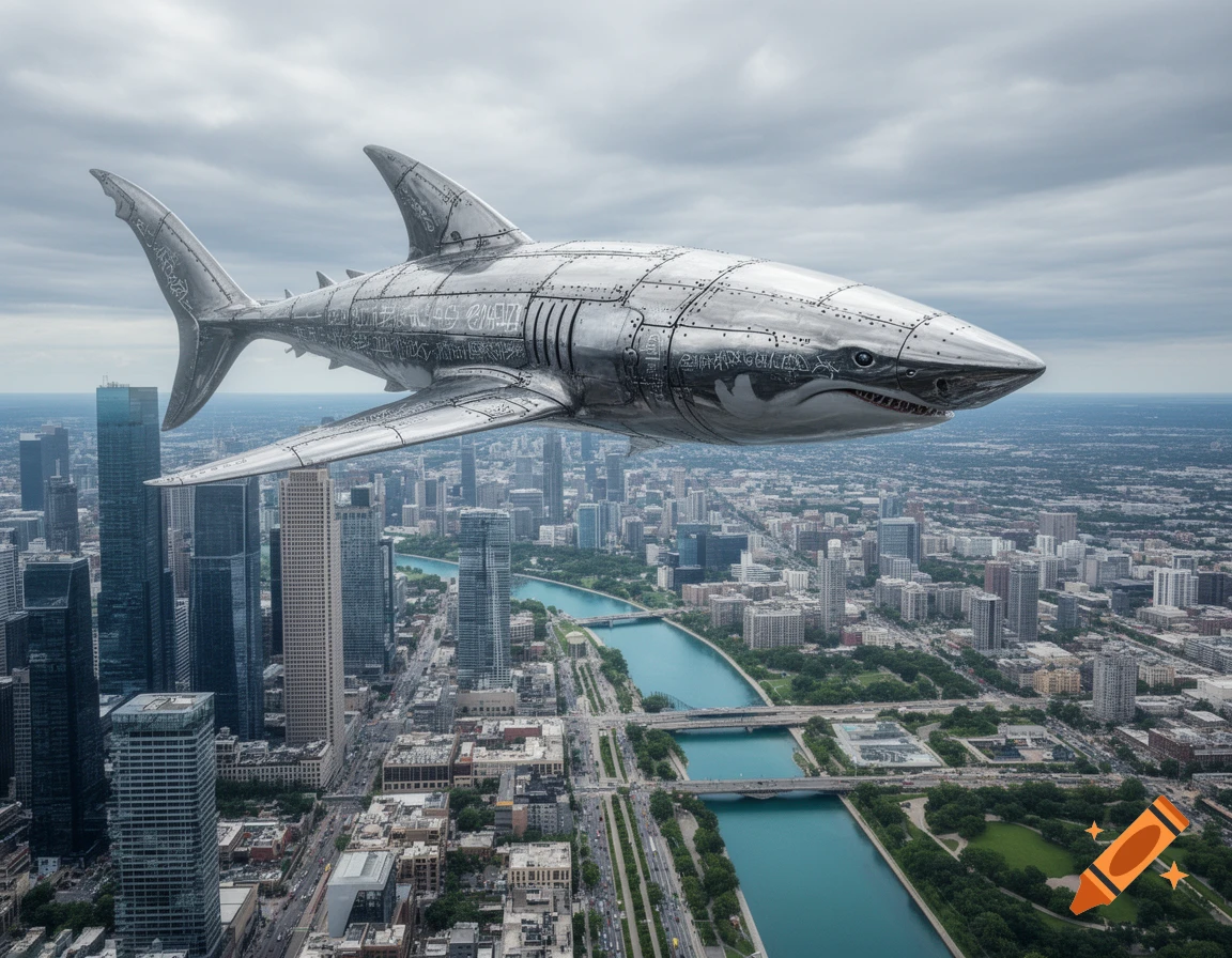 A massive, metallic, shark-shaped spacecraft with wings flies over a modern city skyline with a river winding through it under a cloudy sky.