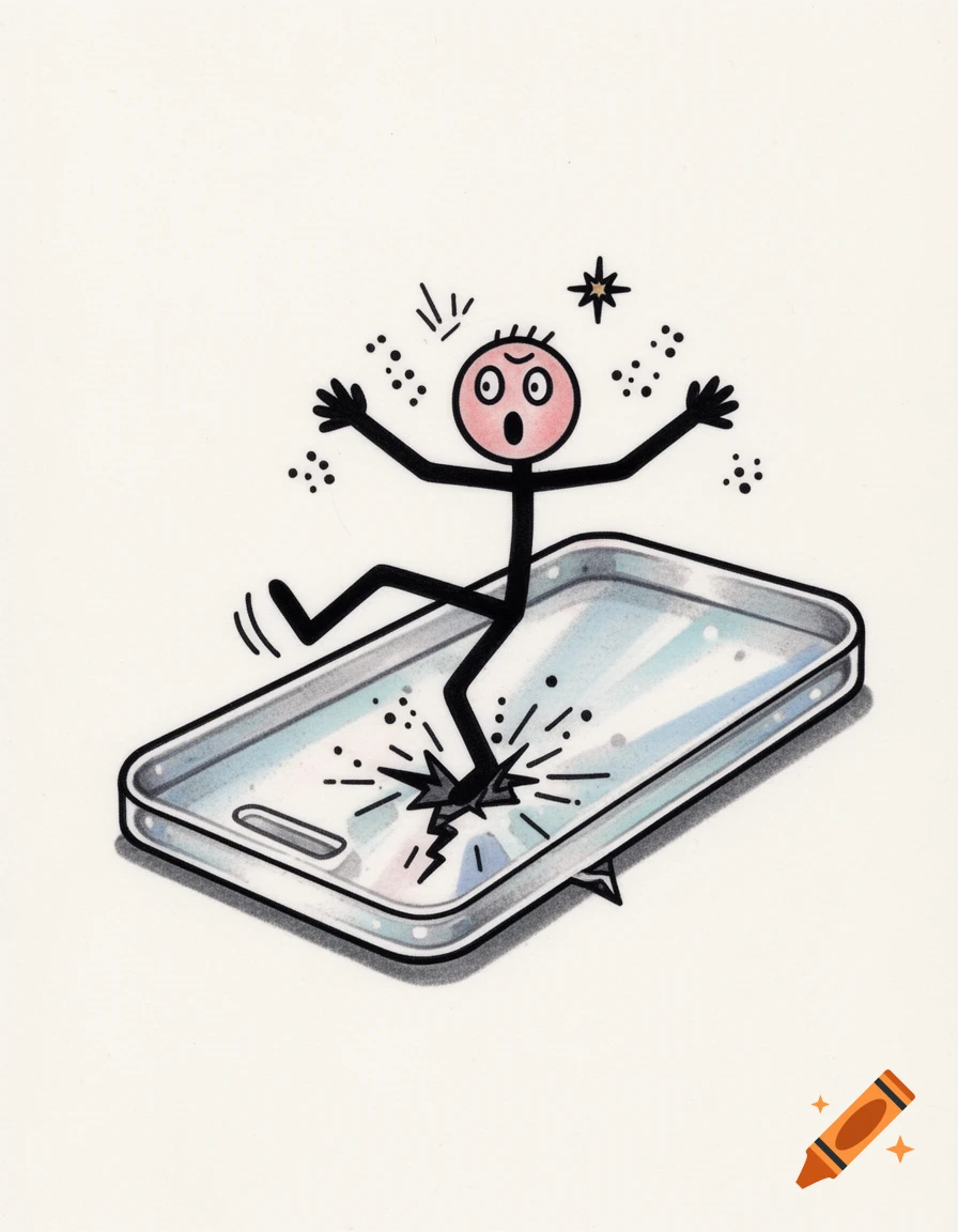 A cartoon stick figure with a shocked expression breaks a phone screen with its foot, amidst sparkling effects.