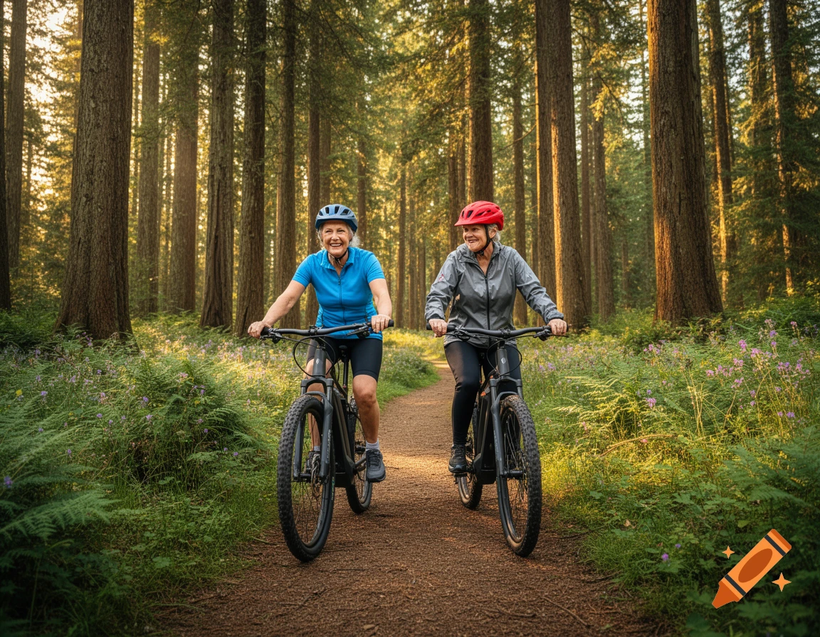 Two senior women in helmets and athletic wear cycle on a dirt path through a sunlit forest.