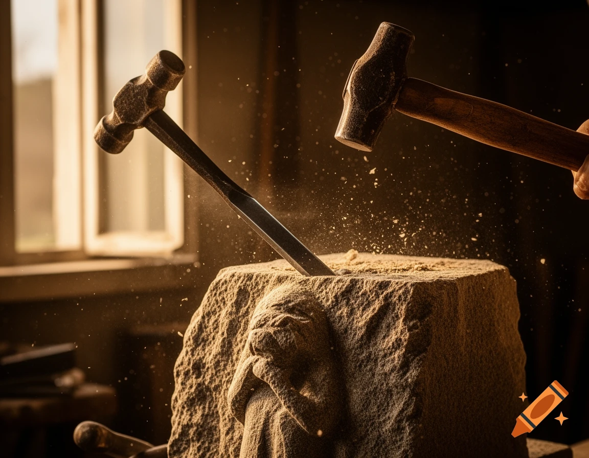 A hammer strikes a chisel, kicking up dust as it carves a form from a rough stone block in a warmly lit workshop.