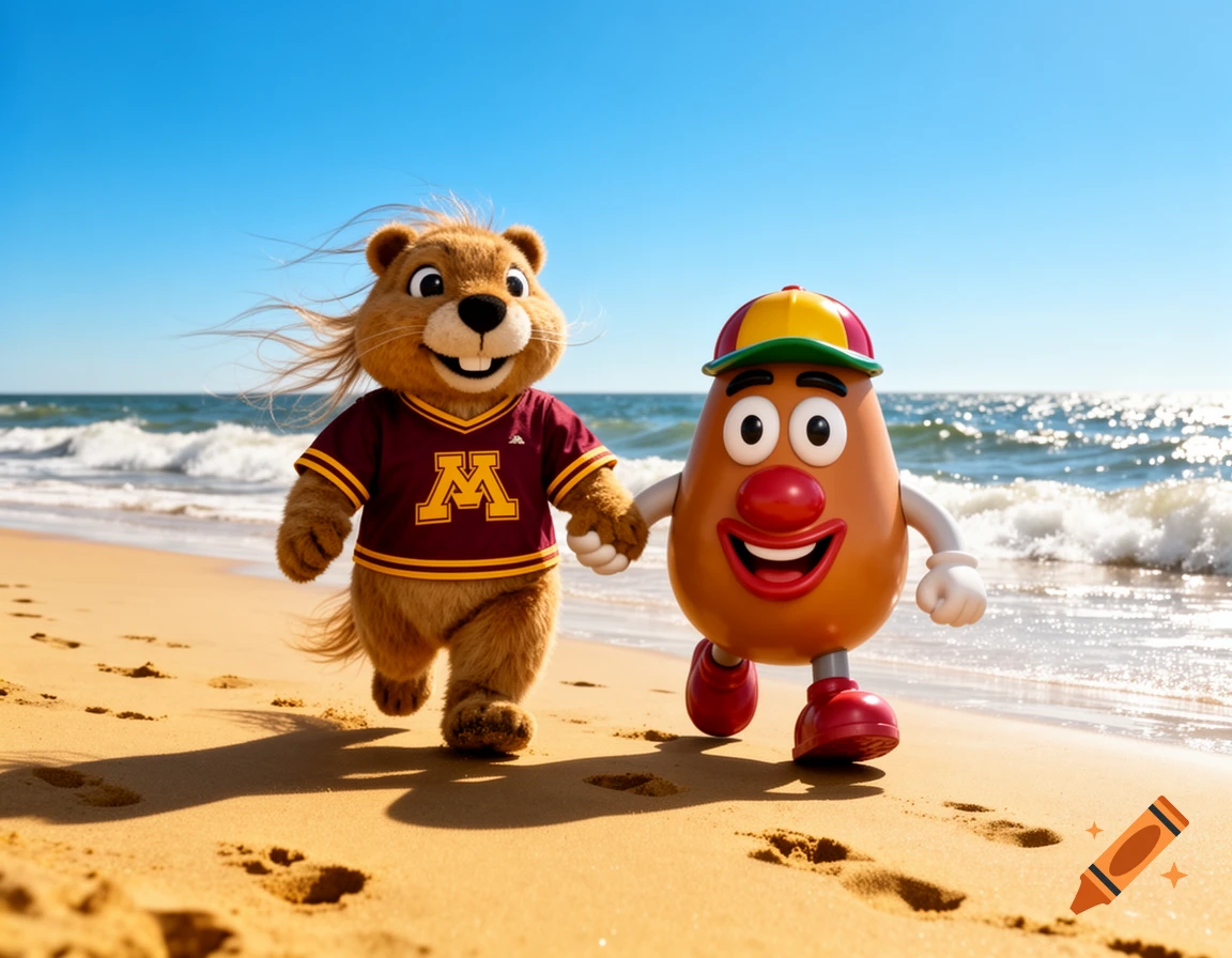 Goldy the gopher in a maroon 'M' shirt and Mr. Potato Head hold hands, walking on a sunny beach with ocean waves.