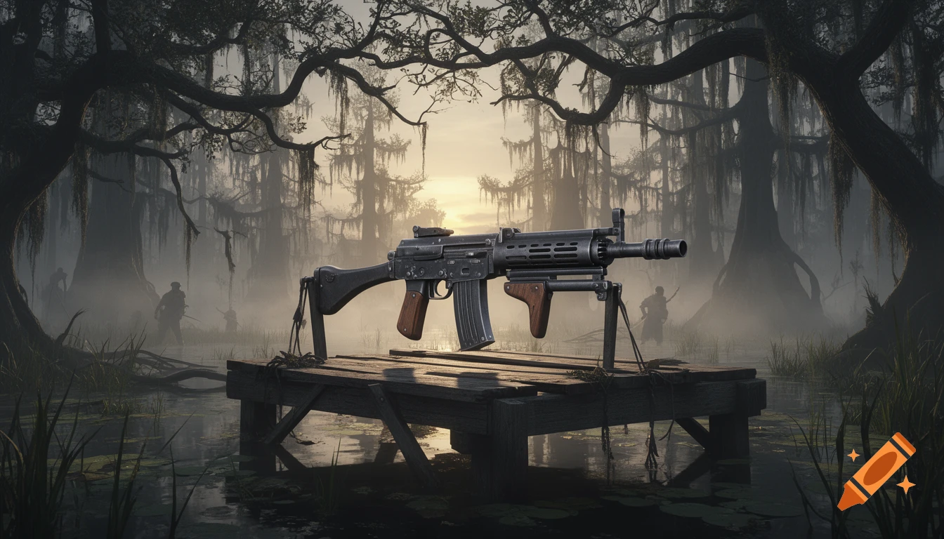 A detailed machine gun rests on a wooden platform in a misty, dark swamp with cypress trees and shadowy figures in the background at sunset, in a video game art style.