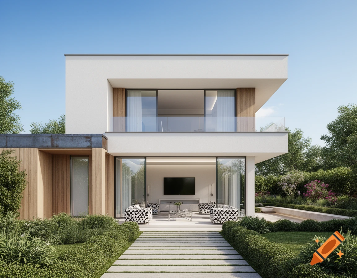 A modern, white and wood two-story house with large glass doors, a balcony, and a manicured garden with a stone path.