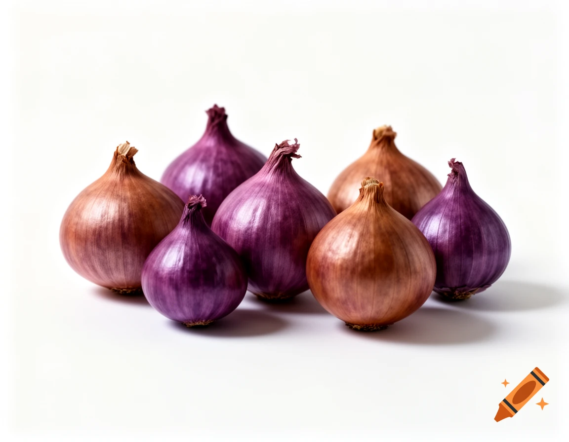 A group of brown and purple shallots on a white background.