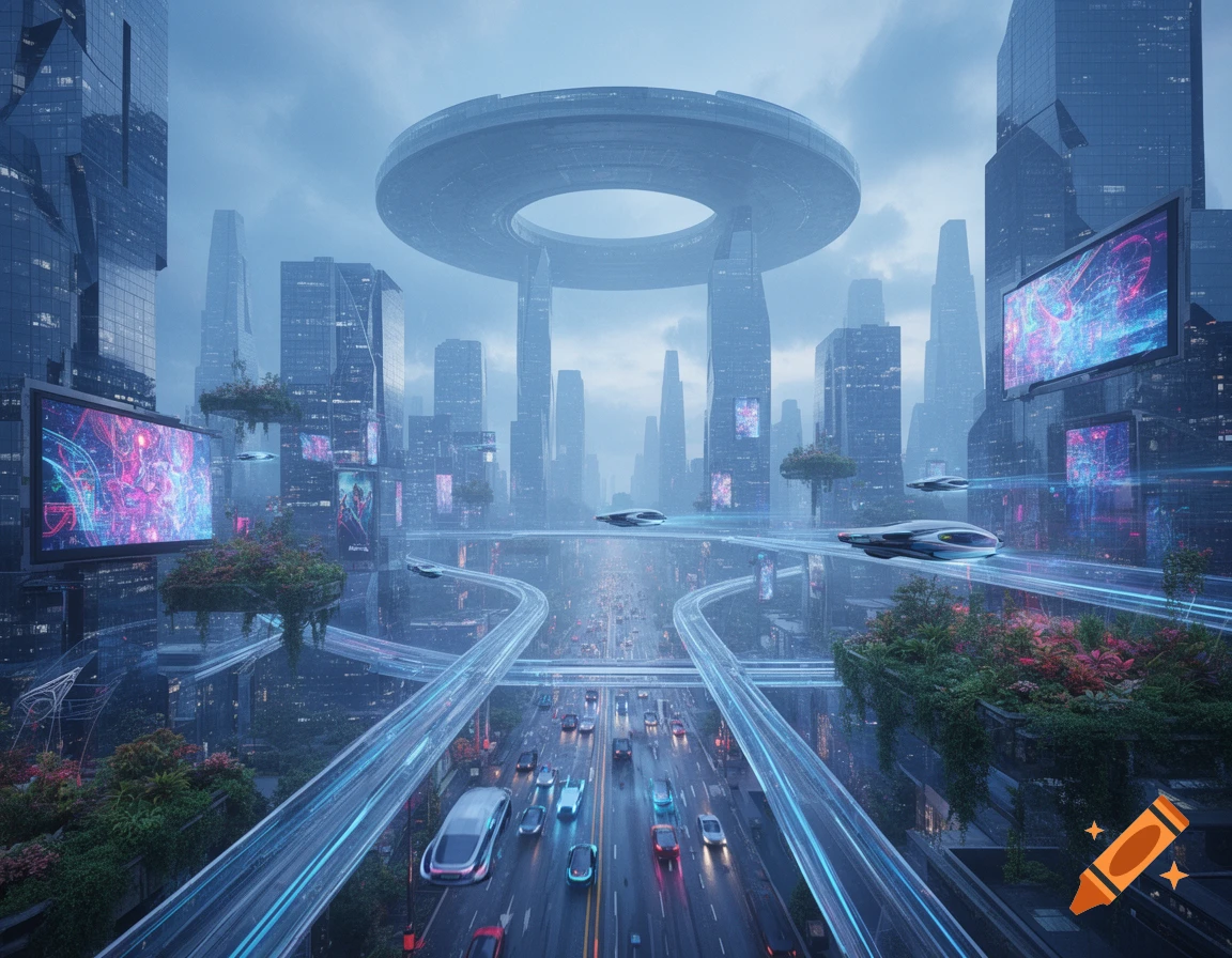 A futuristic cityscape with towering skyscrapers, glowing elevated ...
