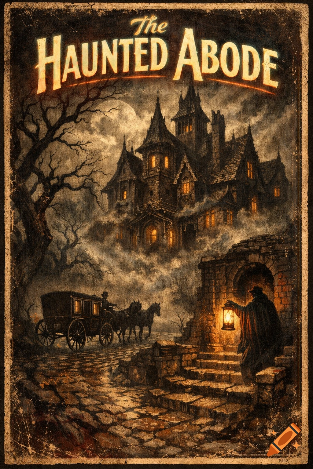 A vintage horror poster featuring a haunted mansion, a horse-drawn carriage, and a person holding a lantern, under a full moon.
