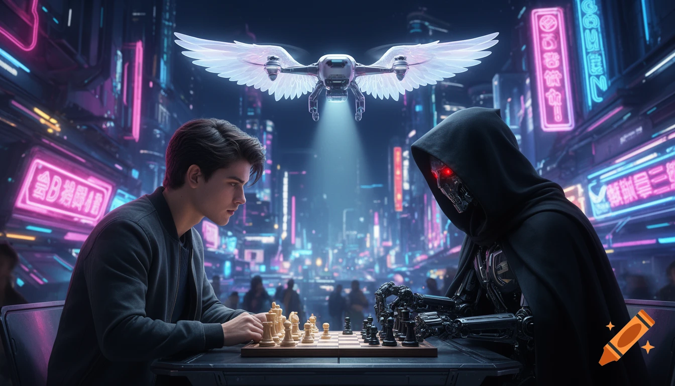 A young man plays chess against a robotic figure in a neon-lit futuristic city, with a winged drone hovering above. Digital art style.