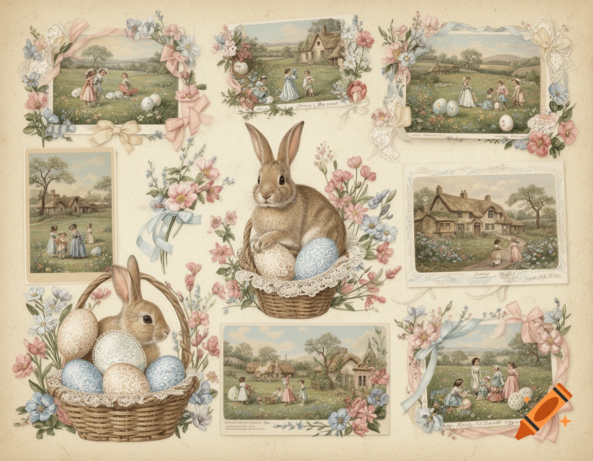 A vintage decoupage collage featuring two brown rabbits in baskets with decorated Easter eggs, surrounded by floral arrangements, ribbons, and several framed scenes of children playing in rural Victorian landscapes.