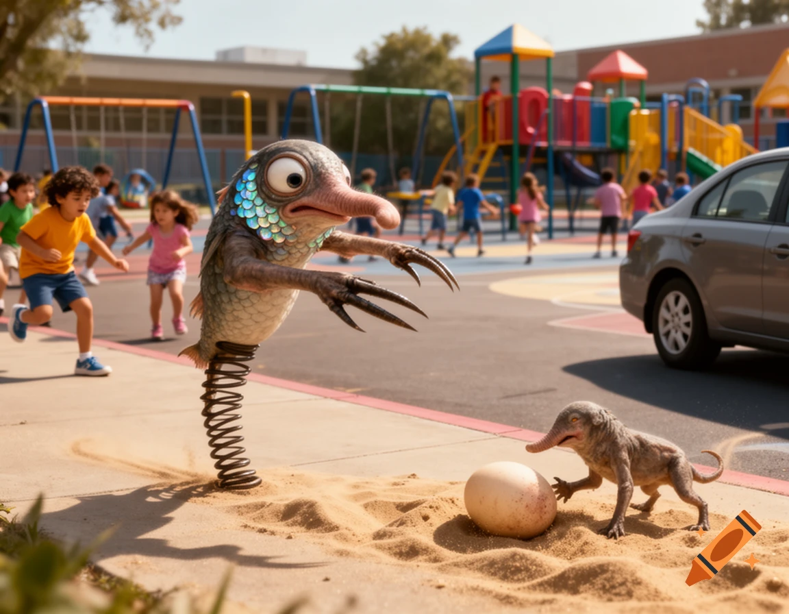 A large, fish-scaled creature with a spring tail and trunk-like nose looks at children playing in a sunny school playground, while a smaller creature guards an egg in the sand.