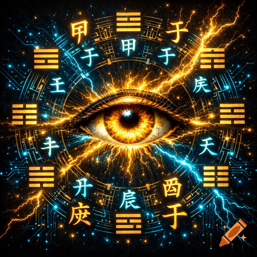 A glowing golden eye at the center of a dark, intricate design, surrounded by I Ching hexagrams, Chinese symbols, and electric gold and cyan lightning and circuit patterns.