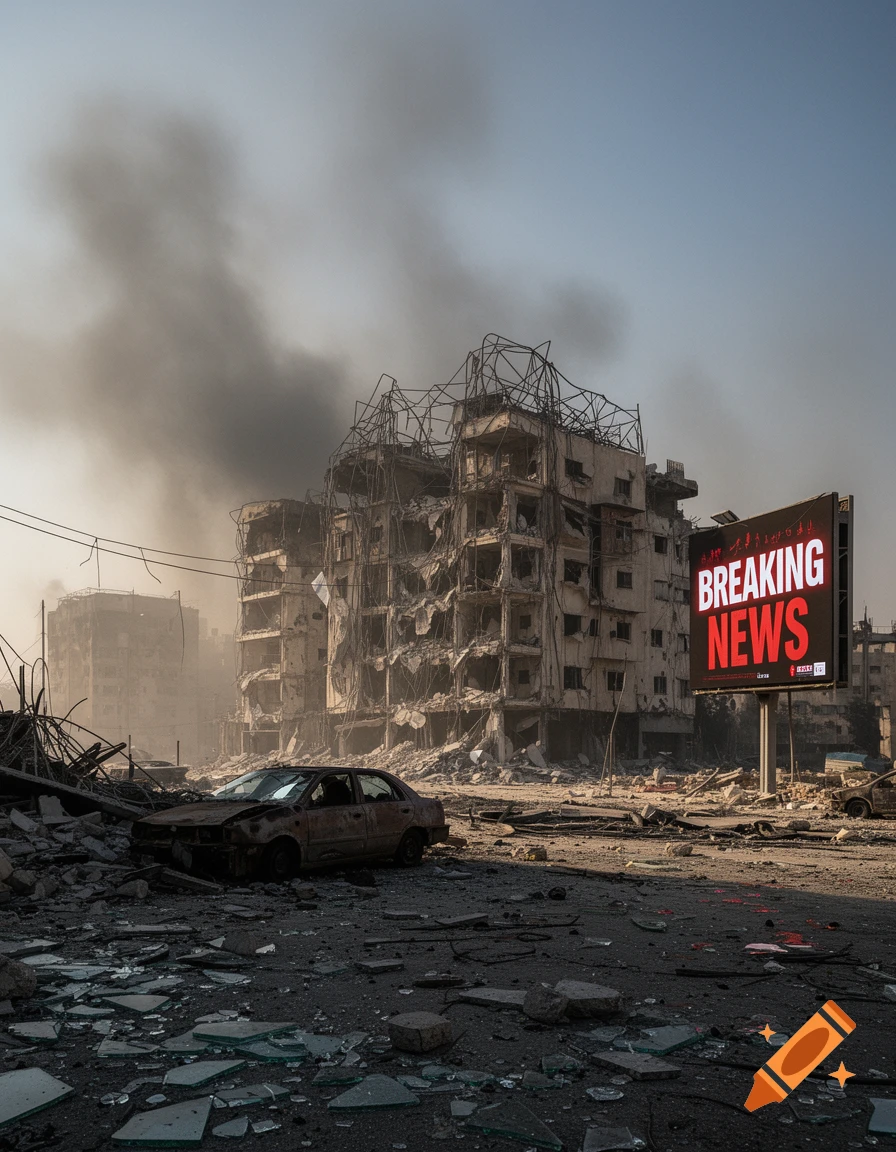 Photorealistic scene of a war-torn city street with destroyed buildings, a burnt car, debris, smoke, and a billboard displaying 'BREAKING NEWS'.