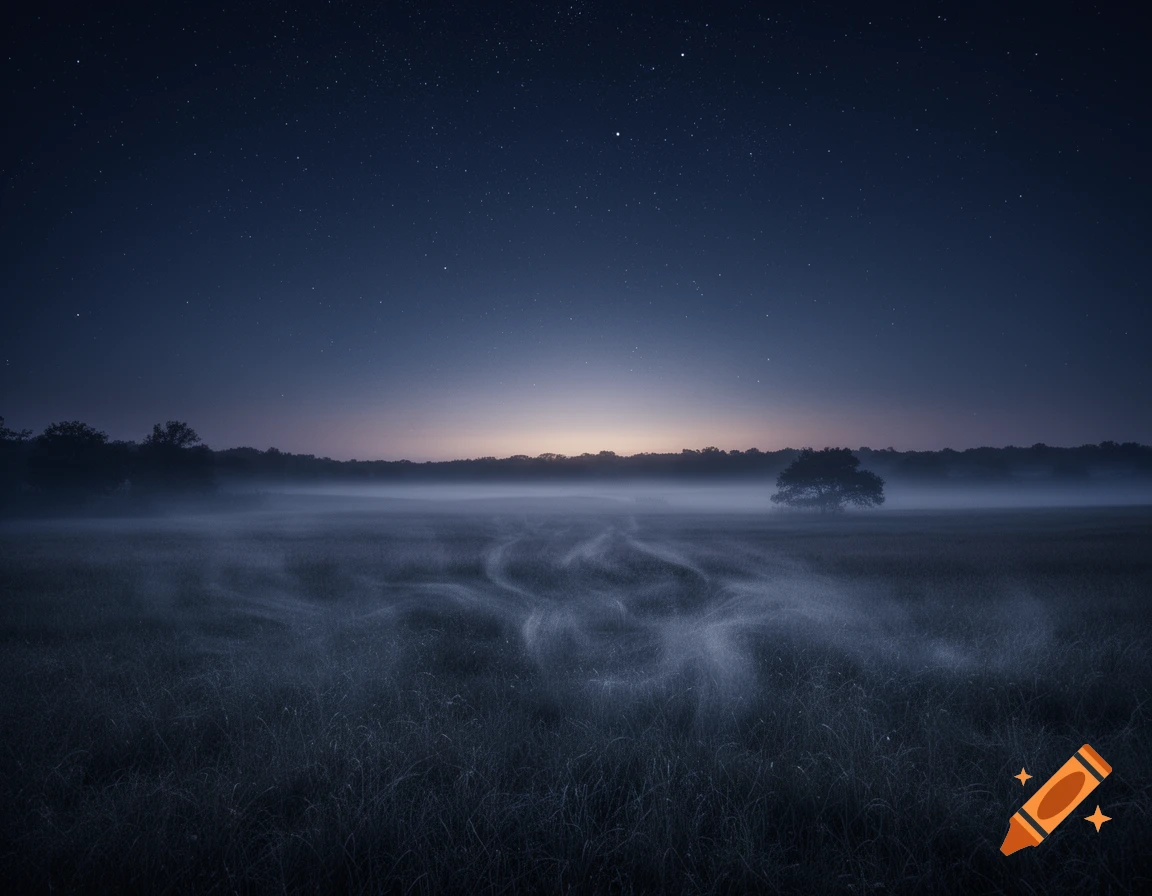 Misty field at night with a lone tree under a starry sky, distant light on the horizon, photorealistic.