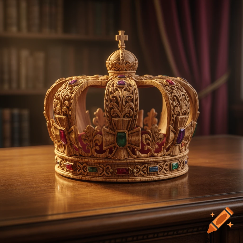Elaborately carved wooden crown adorned with colorful jewels, resting on a polished wooden table in a dimly lit study.