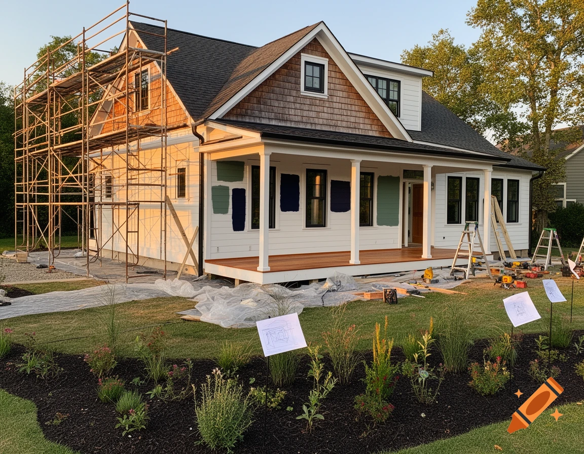 A two-story house under construction with scaffolding on one side, a front porch, and newly planted landscaping in warm sunlight.