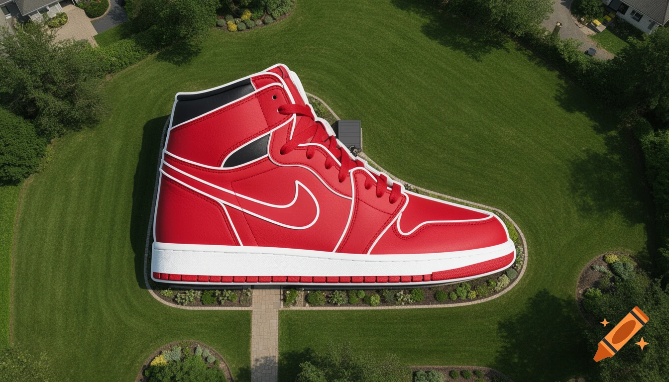 An aerial view of a massive red and white classic Jordan 1 sneaker designed as a house on a lush green lawn, surrounded by trees and residential properties.