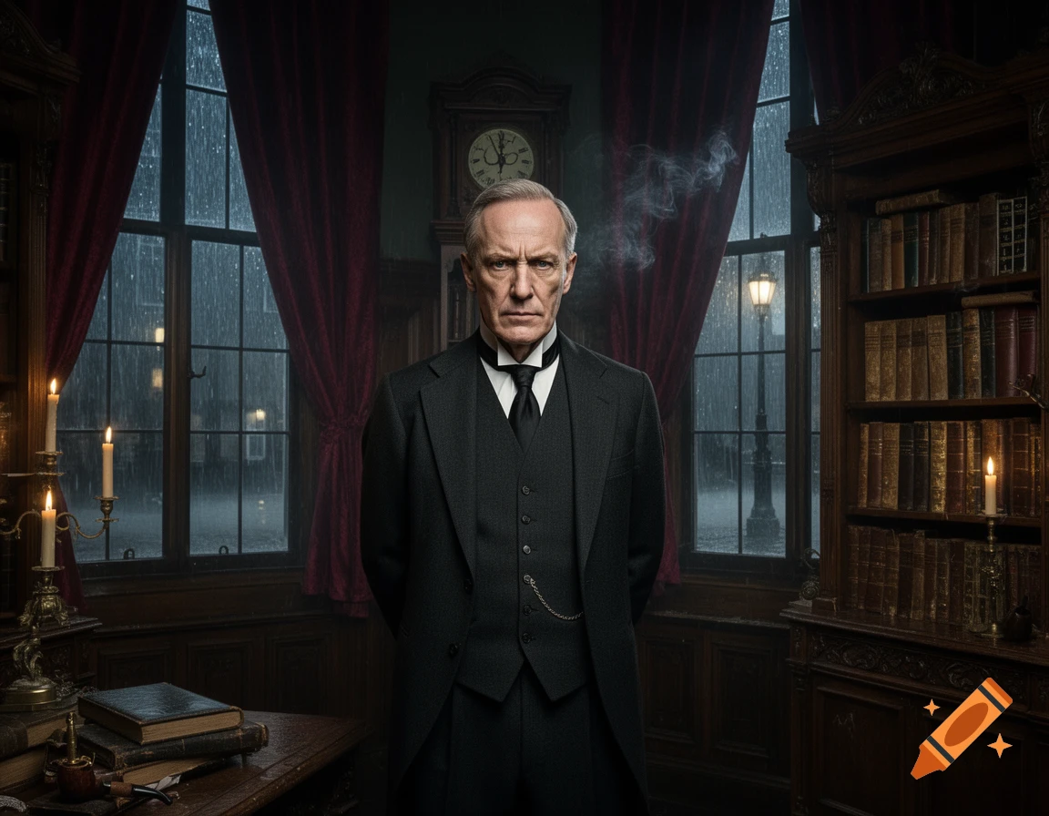 A stern older man in a dark suit stands in a dimly lit, wood-paneled ...