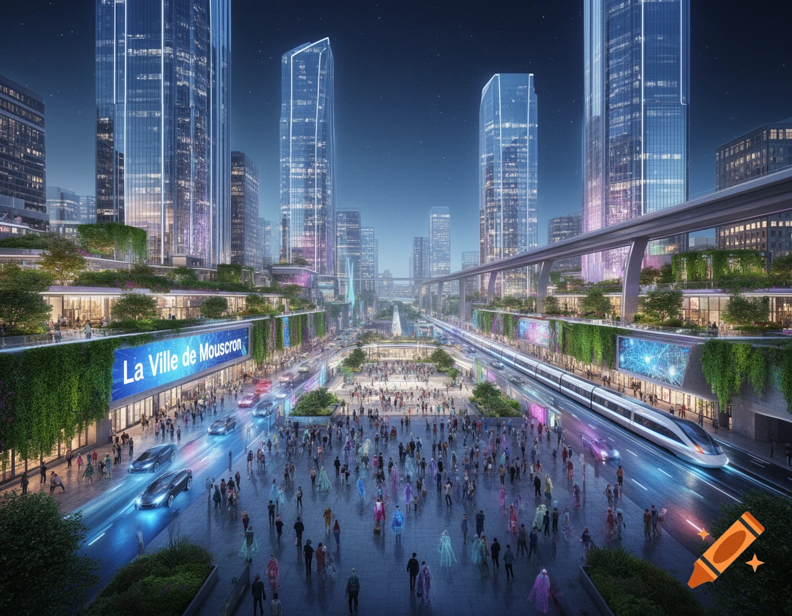A vibrant, futuristic city at night, with tall skyscrapers, a train, sleek cars, and a crowd. A sign reads 'La Ville de Mouscron'.