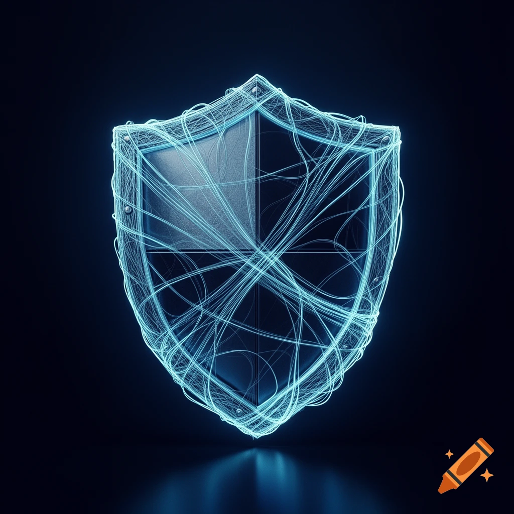 Abstract digital art of a glowing, cyan fiber-optic shield on a deep navy background, conveying security.
