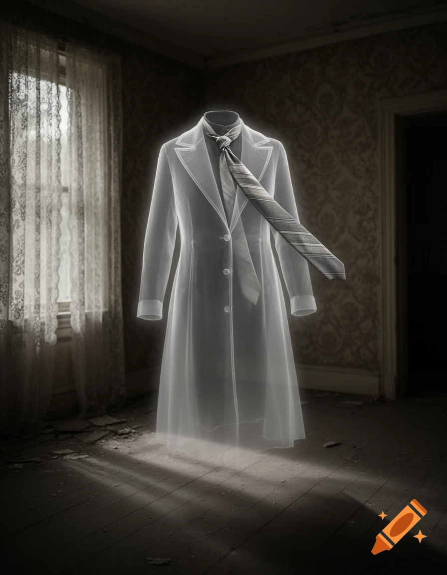 A ghostly, transparent suit and tie float in a dusty, abandoned room with light streaming through a window.