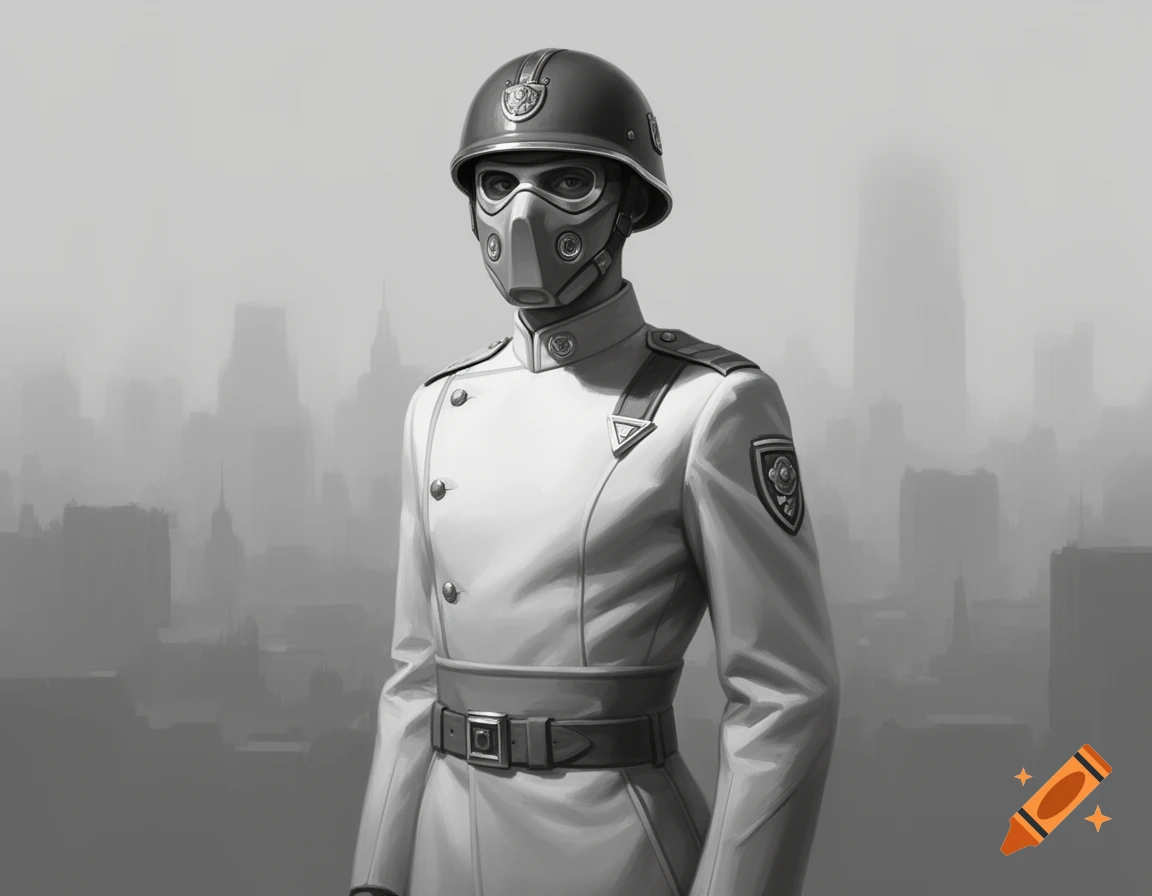 A masked elite soldier in a white 1950s concept uniform stands against a foggy, grayscale cityscape.