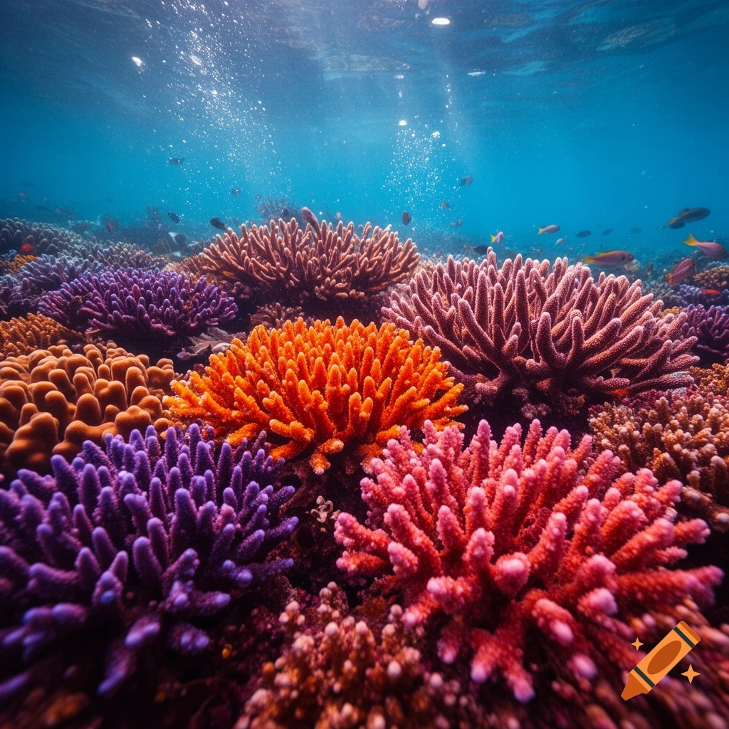 Vibrant underwater coral reef with diverse colorful corals and small fish, illuminated by dappled sunlight.