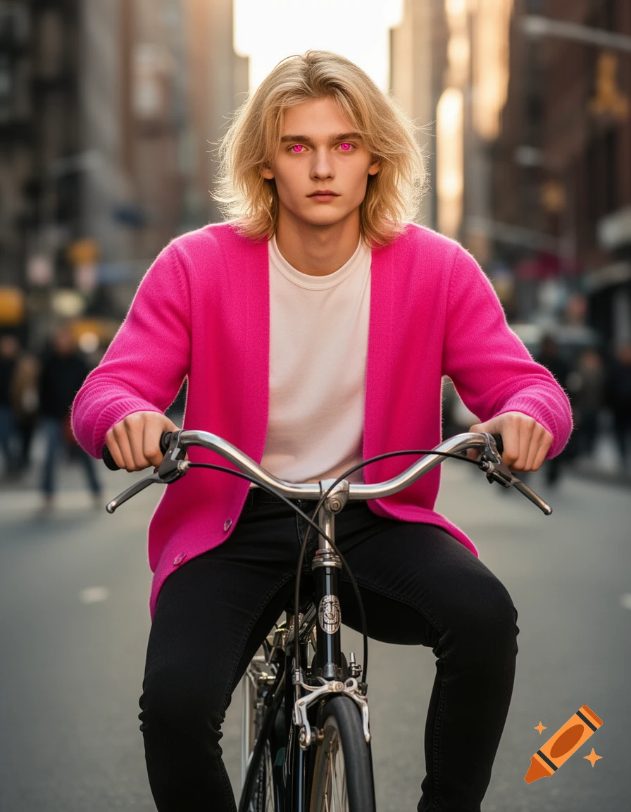 A blonde-haired man with pink eyes wearing a pink cardigan and black jeans rides a bicycle on a city street.