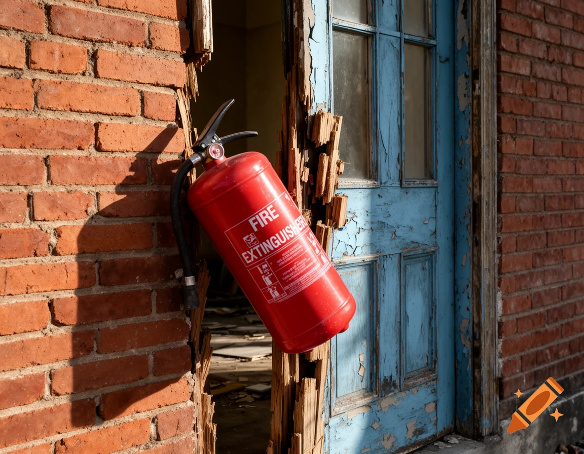 A red fire extinguisher is lodged in a splintered door frame next to a blue peeling door and a brick wall, bathed in sunlight.